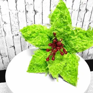 Green Furry Poinsetta with Red Glitter Center for Christmas Decorations