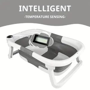 Foldable Baby Bathtub with Thermometer, Portable Travel Newborn Bathtub, with Soft Pad And Thermometer, Drainage Hole, Durable Foldable Youngsters Bathtub for 0-36 Months, Thickened Non-Slip Cushion, Smart Temperature Measurement, Newborn Supplies