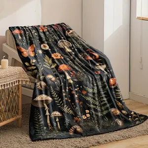 Dreamy Forest Mushroom Print Flannel Blanket , Ultra Soft And Comfortable , Lightweight & Durable , For Sofa Bed Travel And Camping , Machine Washable , Ideal Gift Choice