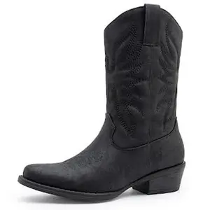 GLOBALWIN Square Toe Black Cowboy Boots For Women Mid Calf Western Boots With Low Heel Cow Girls Outfits Women