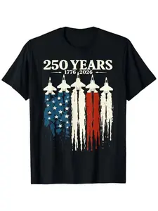 Usa 250th Anniversary T-Shirt 1776-2026, Flag Airplane Graphic, Men's Short Sleeve Casual Top, Loose-Fitting, Fashionable
