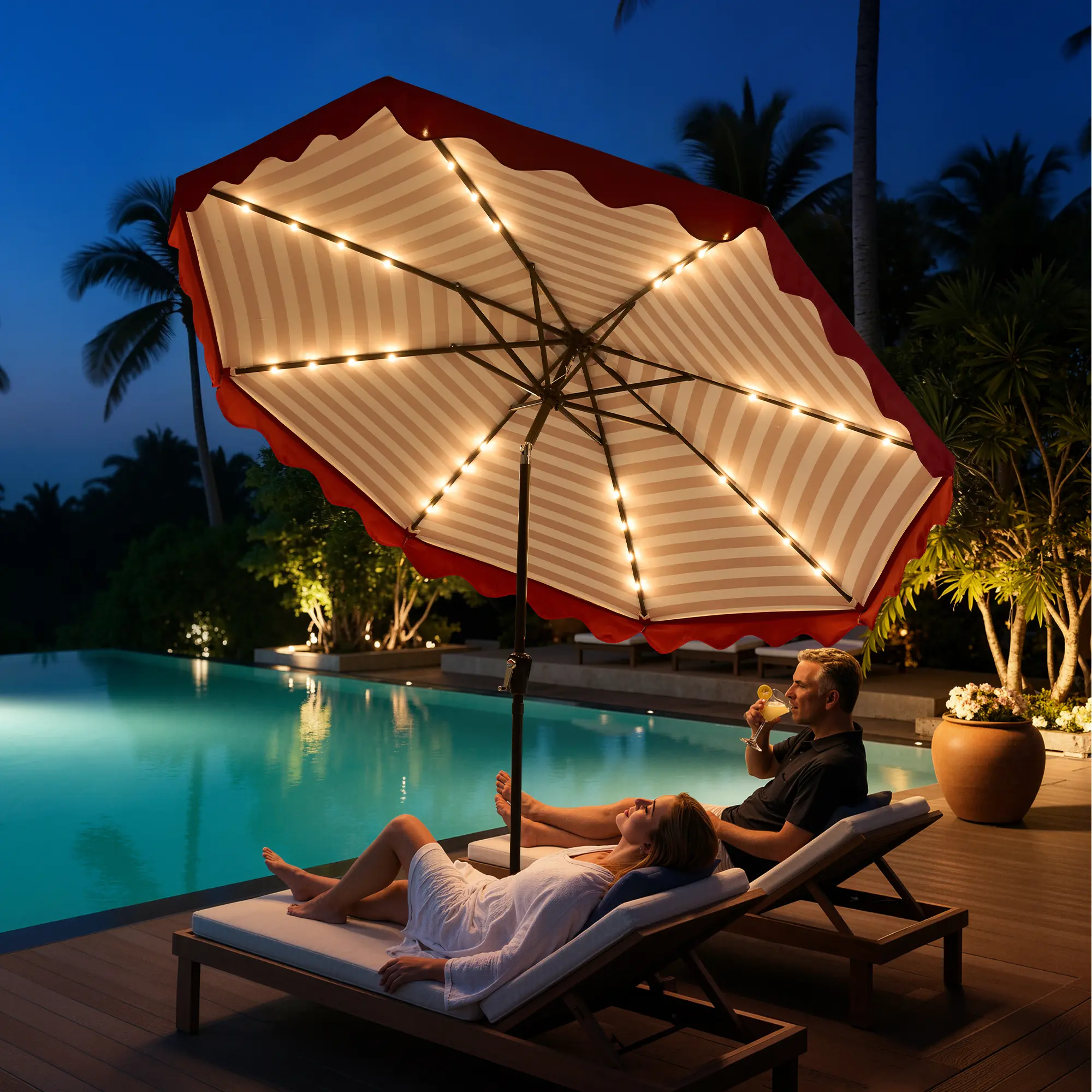 CAODOC 10 FT Patio Umbrella With LED Light, Market Table Umbrella w/Crank, Push Button Tilt, Ruffled Edges, Vented Top & 8 Ribs, Outdoor Sun Shade for Poolside Backyard Beach