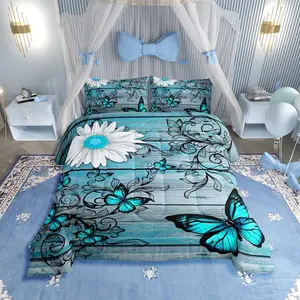 Feelyou Soft Bedding Set - Romantic Aesthetic Comforter Bed Set for Girls, Rustic Blue Butterfly & White Chic Floral Duvet Quilt for Bedroom, Soft Bedding Sets, Comforter Bed Sets