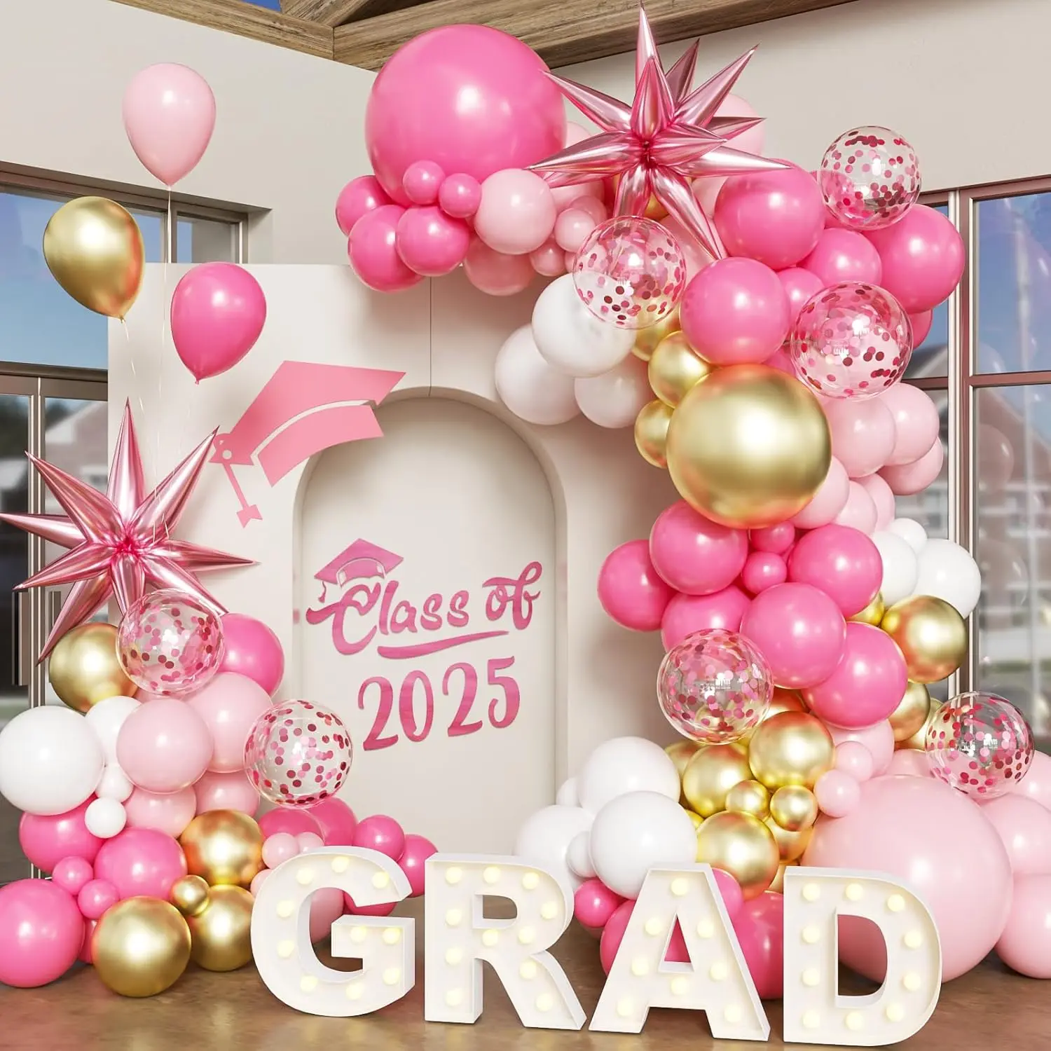 Class of 2025 Balloon Arch Kit, Blue-White-Gold-Round Balloons with Decoration Tape, Pink Graduation Party Sign Decoration Supplies