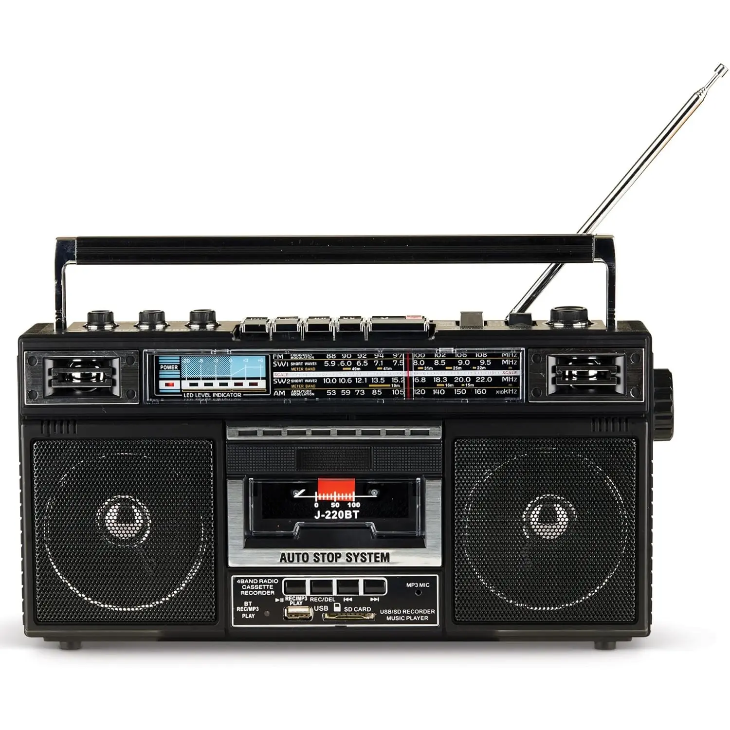 J-220BT Boombox MP3 Conversion from Radio to Cassette with 4-Band (AM, FM, SW1, SW2) Radio with , Rechargeable , Dual 3" Speakers, Built-in Microphone, Recorder, 3-Band Equalizer