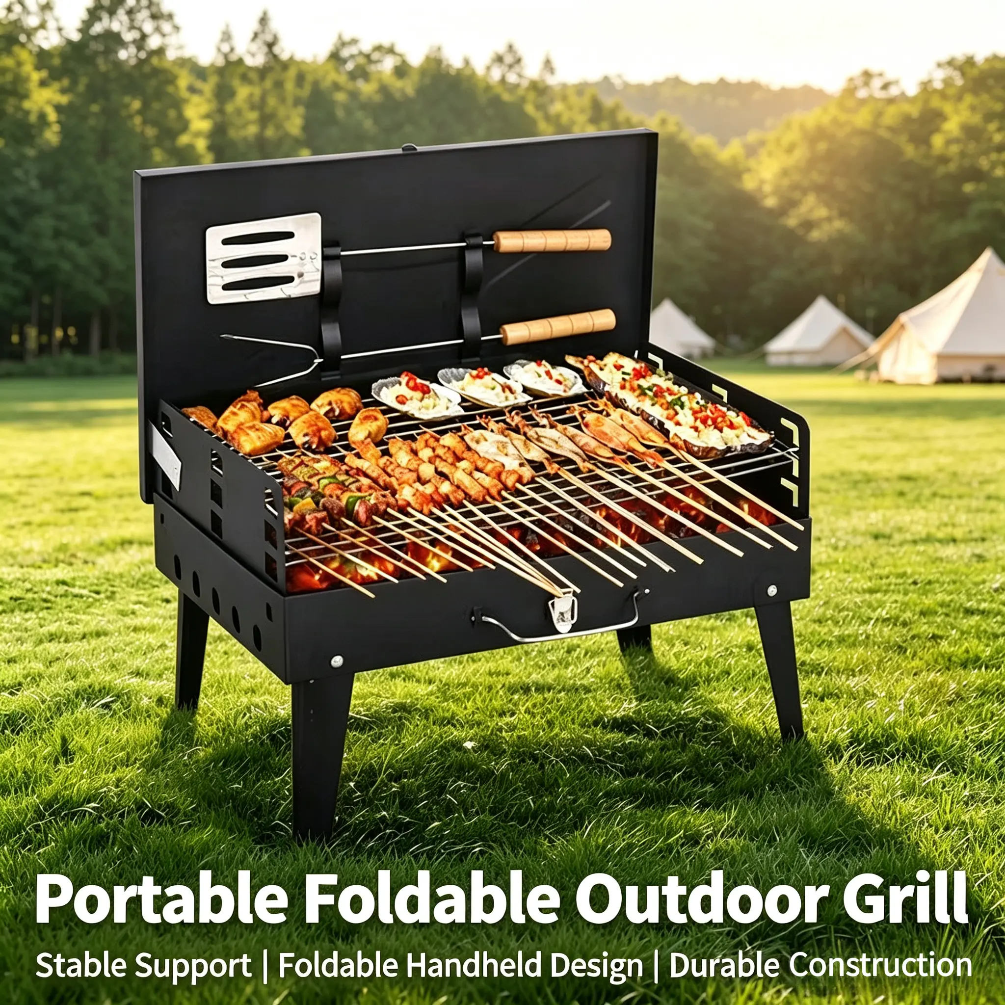 Portable Charcoal Barbecue Grill - Compact Suitcase Foldable BBQ Grill with Full Accessories, Sturdy Support, Camping Cooking Gear for Backyard, Outdoor Camping