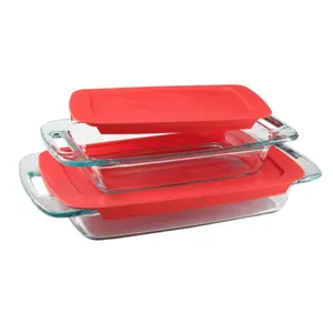 Set of 4 Rectangular Glass Bakeware with Red Lids Oven Handles
