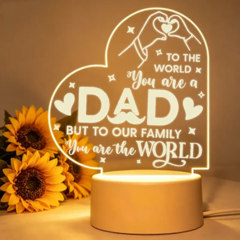 Engraved Heart Shape Light - 2D Flat LED Decoration Lamp for Dad, Acrylic Plate & Base, DC Power Supply, Sentimental Father's Day Gift for Indoor Adults