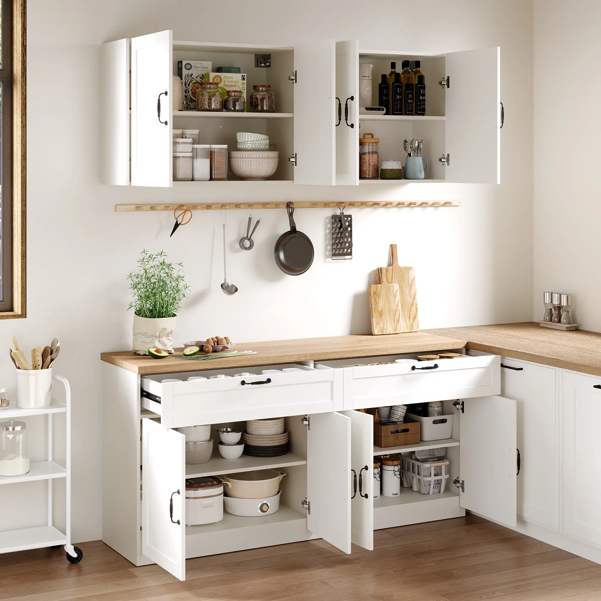 FUFU&GAGA Kitchen Cabinet Set, 63" Freestanding Sideboard Buffet Cabinet with Wall‑Mounted Upper Storage Cabinets, 2 Large Drawers & 4 Doors, Wood Countertop for Kitchen Dining Room