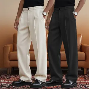 Men's 2-Pack Pleated Wide Leg Trousers - Anti-Wrinkle Drape Fabric, Loose Cut, Essential for Street Style and Light Business Wear