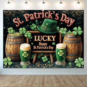 St. Patrick's Day Theme Background Banner, 1 Count Shamrock & Barrel Pattern Backdrop, Party Decoration Banner for Home Living Room Bedroom