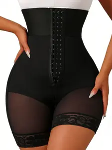 1 Count Women's Bust Support And Hip Lift Contrast Lace Detail Solid Color Shapewear Shorts, High Waisted Compression, Elastic Fabric Tight Fitting Hourglass Curves Bottoms, Adjustable Hooks Closure Panties, Suitable For Training Or Sports