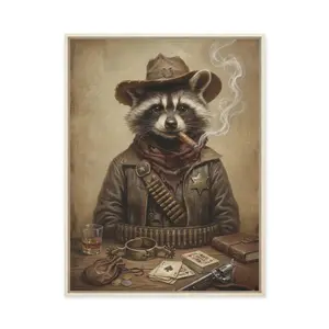 Cowboy Raccoon Wall Art - Funny Smoking Raccoon Sheriff Canvas Print, Western Trash Panda Humor Decor, Man Cave Game Room Bedroom Poster - Ready to Hang