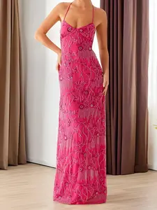 Mariposa Sequin Maxi Dress - Pink Floral Embroidery & Sparkling Sequins for Summer Events & Elegant Nights - V-Neckline Cross-Back Straps