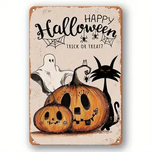 Vintage Inspired Halloween Decor Featuring Trick-or-Treating Scenes with Pumpkin and Black Cat Ideal for Indoor and Outdoor Decoration