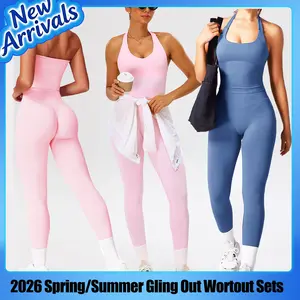 Jetjoy 2 Pieces Workout Sets for Women, Seamless Workout Sets for Women 2 Piece Halter Neck Sport Bra Hidden Scrunch Leggings Yoga Exercise Outfits Gym Clothes Yoga Bottoms Activewear Running