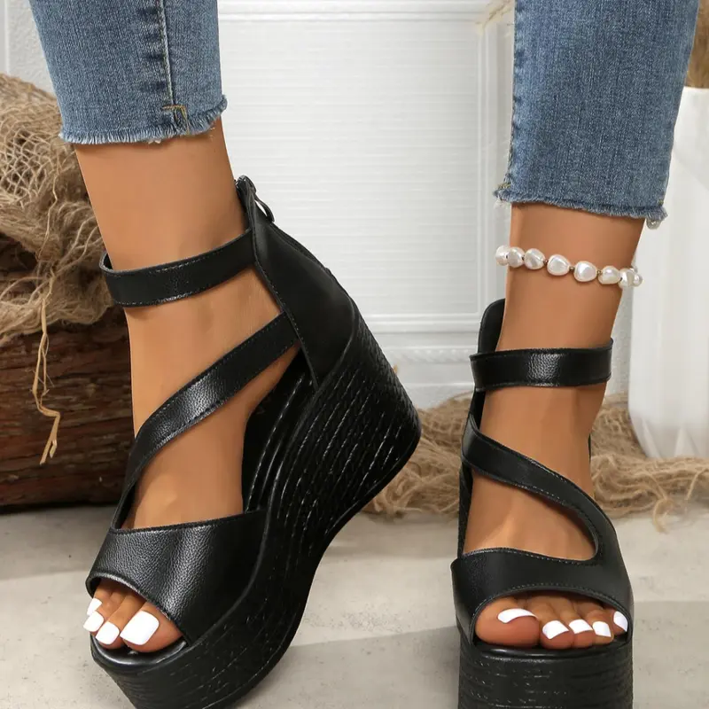 Women's Fashionable Punk Style Solid Color Platform Sandals, Casual Comfortable Wedge Sandals for Summer, Lightweight Breathable Shoes for Daily Wear, Open Toe Sandals, Trending Elevated Sandals, Casual Trendy Sandals