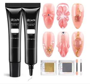 BQAN 3D Nail Sculpting Gel Kit - Professional No-Wipe Formula with Chrome Powder, 2x10g Tubes for Salon-Quality DIY Nail Art & Rhinestone Application (Clear)