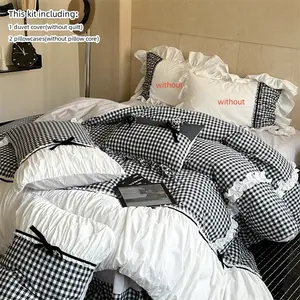 French Style Blue Plaid Bedding Set, Ruffled Duvet Cover Set with Zipper, Includes 1 Duvet Cover and 2 Pillowcases, Easy Care