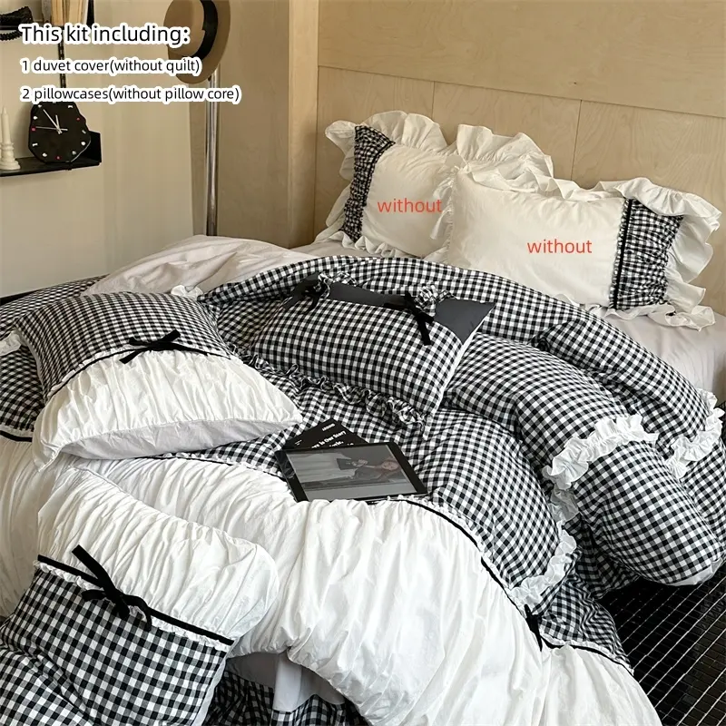 French Style Blue Plaid Decorative Bedding Set, Checkered Bedding Set, Ruffled Duvet Cover Set with Zipper Closure, Includes 1 Duvet Cover and 2 Pillowcases, Easy Care, Bed Sets