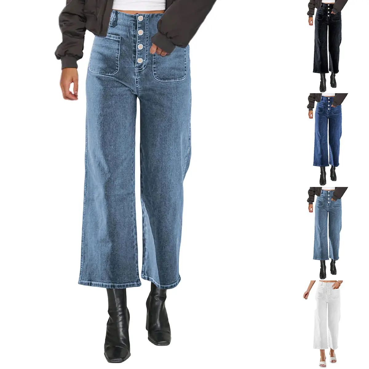 SCUSTY Women's High Waisted Loose Jeans Straight Wide Leg Stretchy Jeans Denim Pants with Pockets