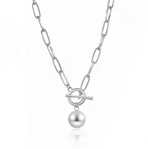 Mytys Rectangular Link Necklace - Sleek T-Bar Clasp Detail & Silver Pearl Drop Design, Viral Elegant Aesthetic Stylish Fashion Jewelry Ideal for Party, Formal Events & Gifting for Women