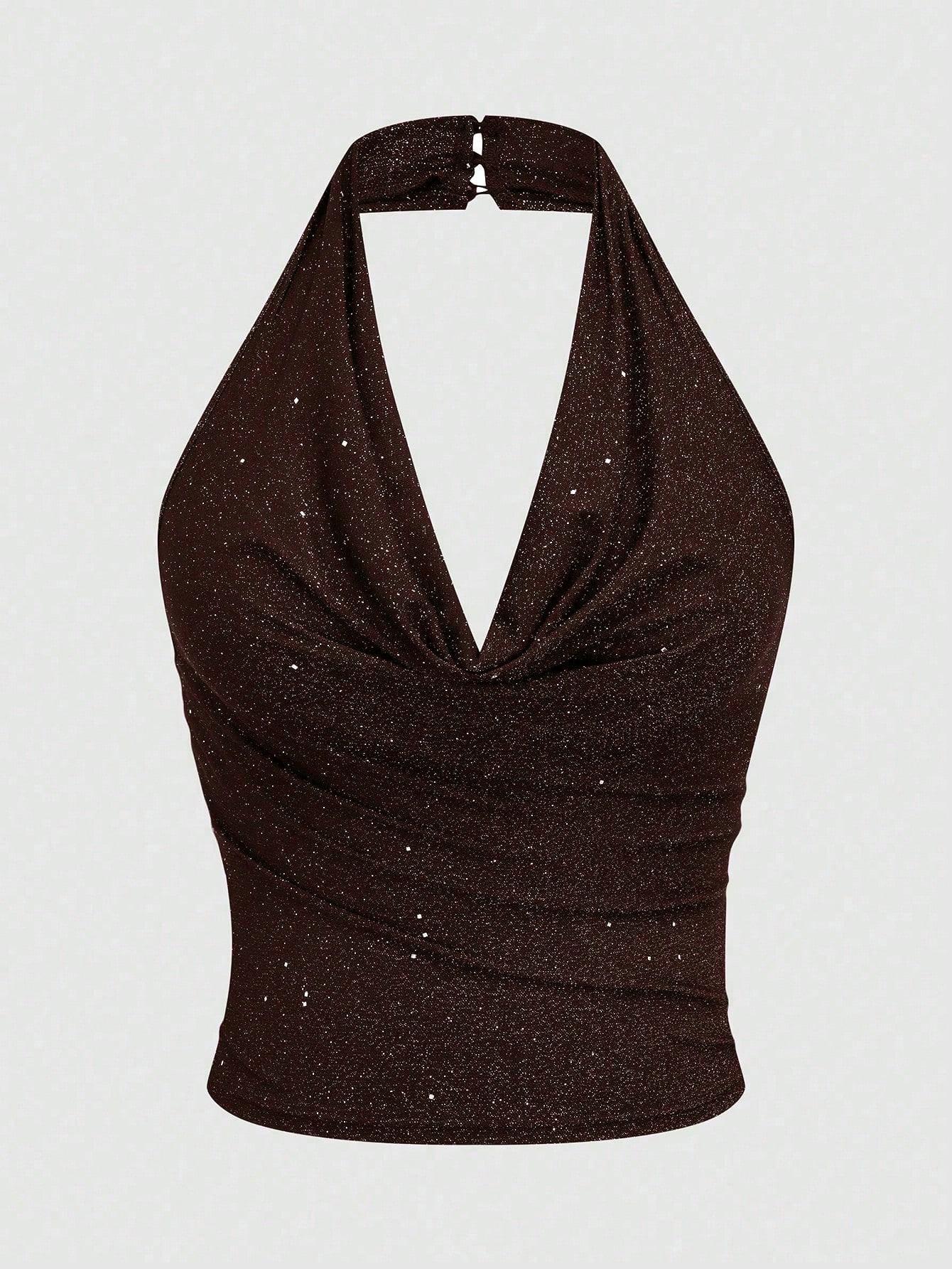 LALUZ Elegant Plus Size Draped Neck Halter Top Shiny Party Evening Feminine Chic Going Out Outfit