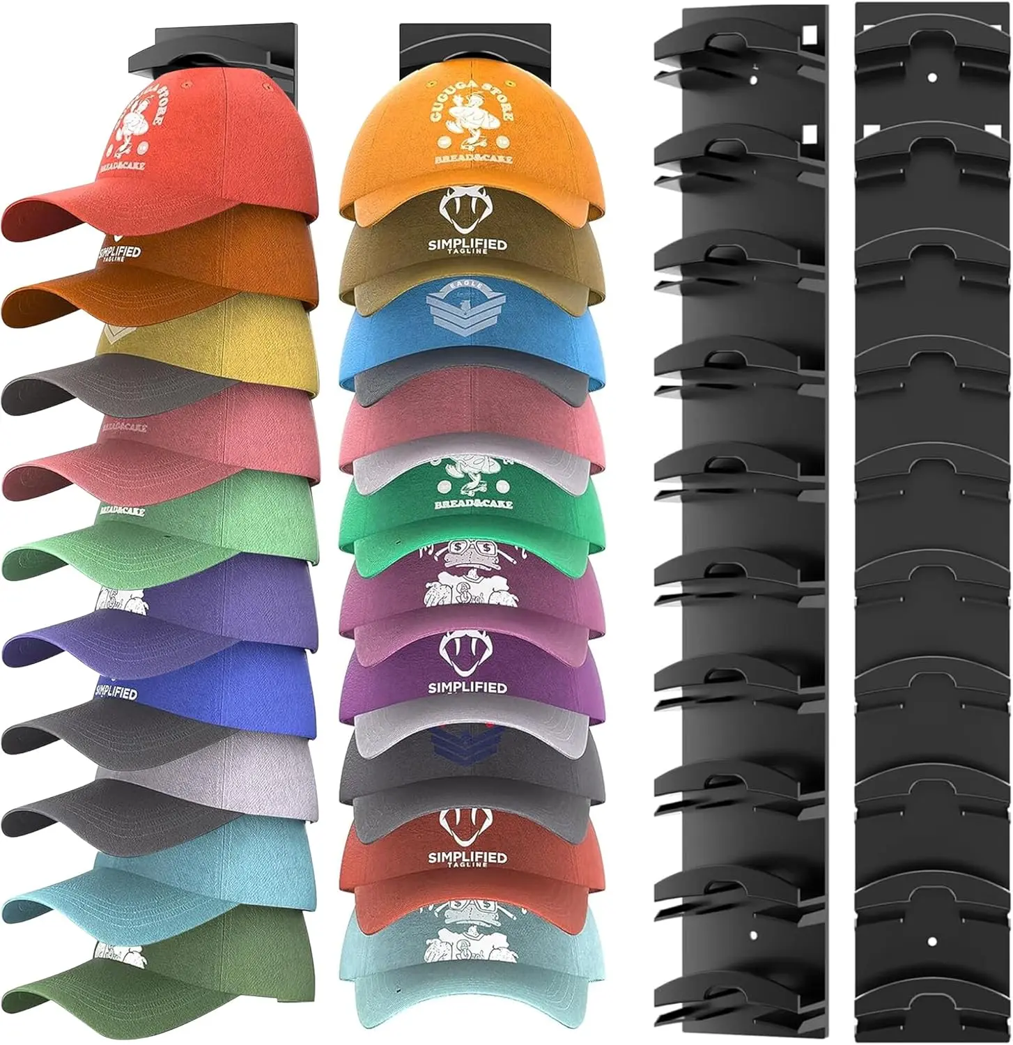 Black Wall-Mounted Hat Organizer 2-Pack, Strong Adhesive Racks with 2 Mounting Options, Home Organization Storage Holds Up to 20 Baseball Caps for Door Closet Multi-Layer Display