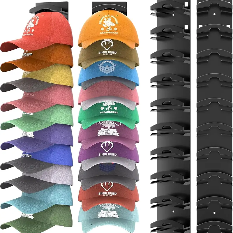 【Back to school】Black Wall-Mounted Hat Organizer 2-Pack, Strong Adhesive Racks with 2 Mounting Options, Home Organization Storage Holds Up to 20 Baseball Caps for Door Closet Multi-Layer Display
