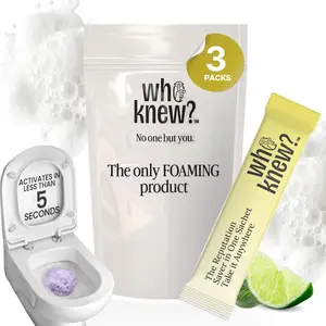 Who Knew Toilet Foam Bombs - 03 Count Discreet & Portable Citrus Scent Foaming Powder | On-The-Go Toilet Refresher for Bathroom Anxiety | Instantly Eliminates Odor, Sound & Stains
