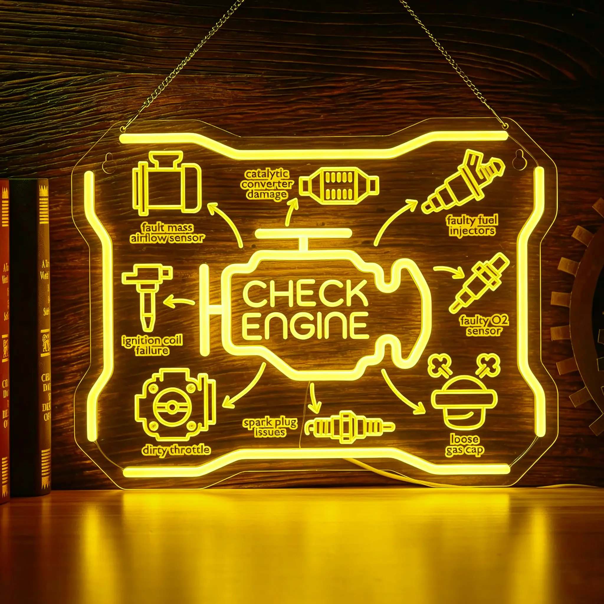 Check Engine Light Neon Sign, Check Engine Light Commen Causes Issues List Decor for Man Cave Decor, LED Garage Wall Art, Funny Gifts for Car Guys & Dad, Auto Repair Shop Mechanics Workshop Sign, USB Powered,13.7x10.4in Inch