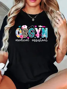 OBGYN Medical Assistant Leopard OB-GYN Medical Assistant T-Shirt Crew Neck T Shirt For Summer, Women's Soft Short Sleeve Top, Stylish Comfy Tee For Women Graphic Tees