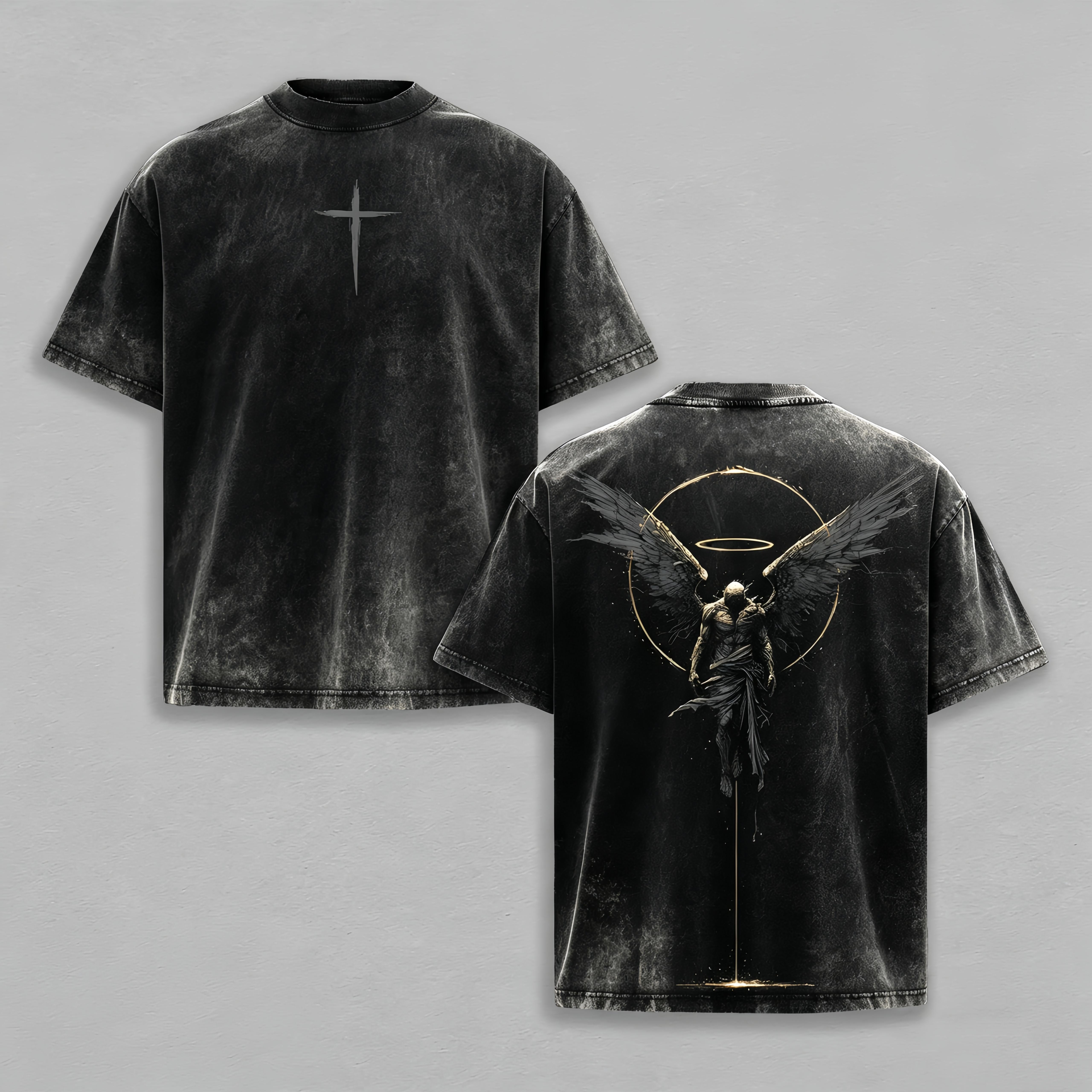 ARCHANGEL OF REPENTANCE T-Shirt Acid Wash Pump Cover Fallen Angel Double Printed Heavy Cotton Unisex Crusader Armor Graphic Tee, Vintage Cross Shirt, Medieval Warrior Streetwear, Gothic Faith Oversized Tee，funny graphic tee, men’s trendy t-shirts