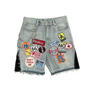 Retro Patchwork Denim Shorts for Men Women, Y2K Streetwear Hip Hop Cartoon Graphic Loose Fit Jorts, Casual Blue Denim Shorts with Pocket