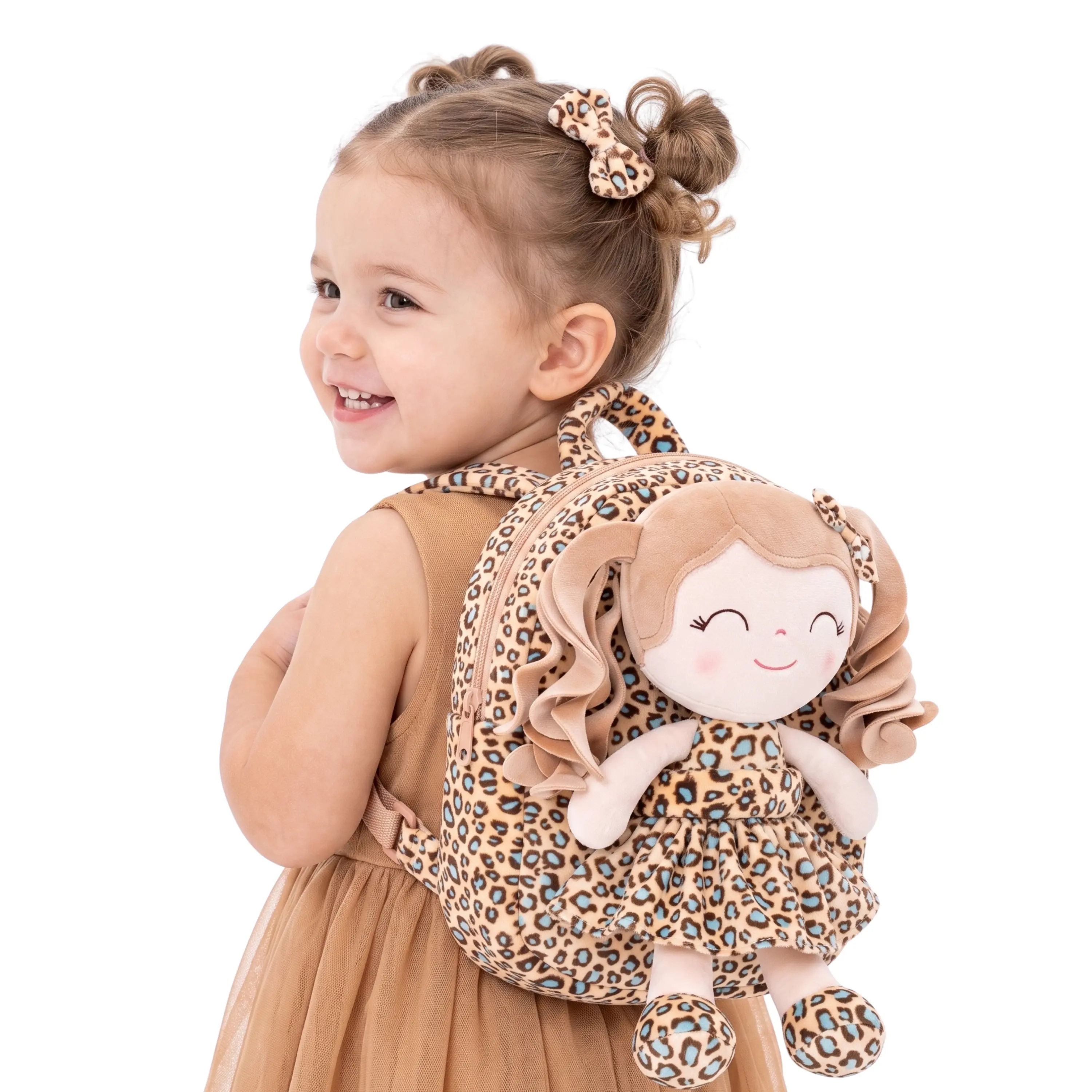 Kid Backpack for Toddlers for Back to School - Trendy Leopard Print Doll Kindergarten School Bag for Girls, Soft Plush Daycare Bag with Detachable Toy
