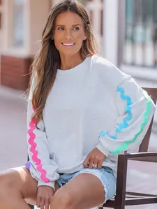 Popvil Casual Drop Shoulder Sweatshirt Pullover with Soft Materia,Round Neck Webbing Patchwork Tops,Daily Outfit #TikTokshopBacktoSchool