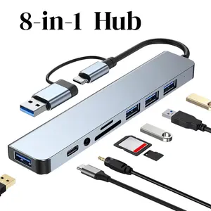 [Father’s Day Gift] Dual USB Type-C 8-in-1 Hub Expander, 4 USB 3.0 Ports, TF/SD Card Reader, 3.5mm Audio Jack, ABS Material, High Speed Data Transfer for Laptop, Tablet, iPhone, Android Phones