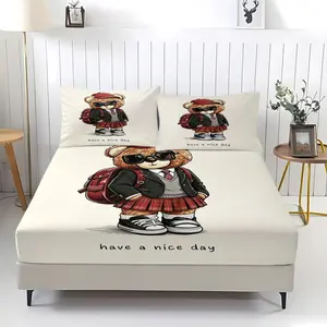 Cartoon teddy bear printed bed sheet, including 1 bed sheet and 2 pillowcases, with anti slip dust cover suitable for bedrooms and guest rooms, suitable for personal use or gift giving