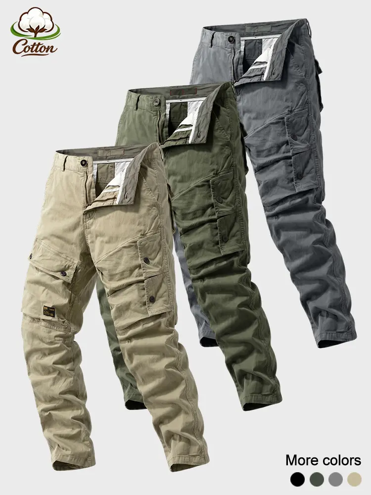 Versatile Tactical Cotton Straight Cargo Pants, Diagonal Flap Side Pocket Button Waist Utility Trousers - Breathable 4 Color Mens Work Camping Spring Summer Daily Casual Bottoms