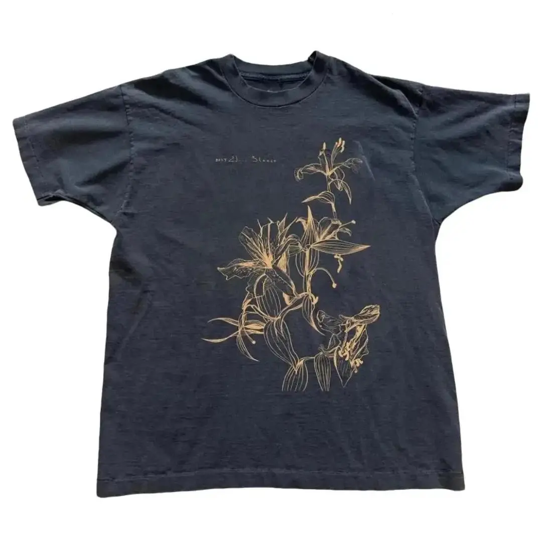 Vintage Botanical Floral Line Art Tee | Dark Aesthetic Oversized Unisex T-Shirt | Minimalist Nature Graphic