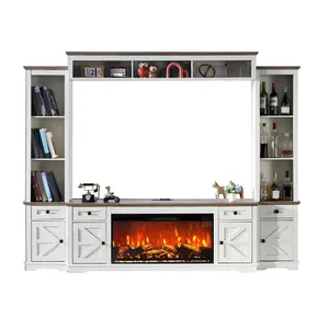 [Ships in 3 Boxes] [MothersDayGift] AMERLIFE 98in Farmhouse Wall Unit TV Stand with 36" Fireplace, Bookshelves, Wine Cabinet, Fits 78" TVs, Entertainment Center with Power Outlets & Drawers, Media Console, Living Room/Best Gift Ideas/Christmas Gifts