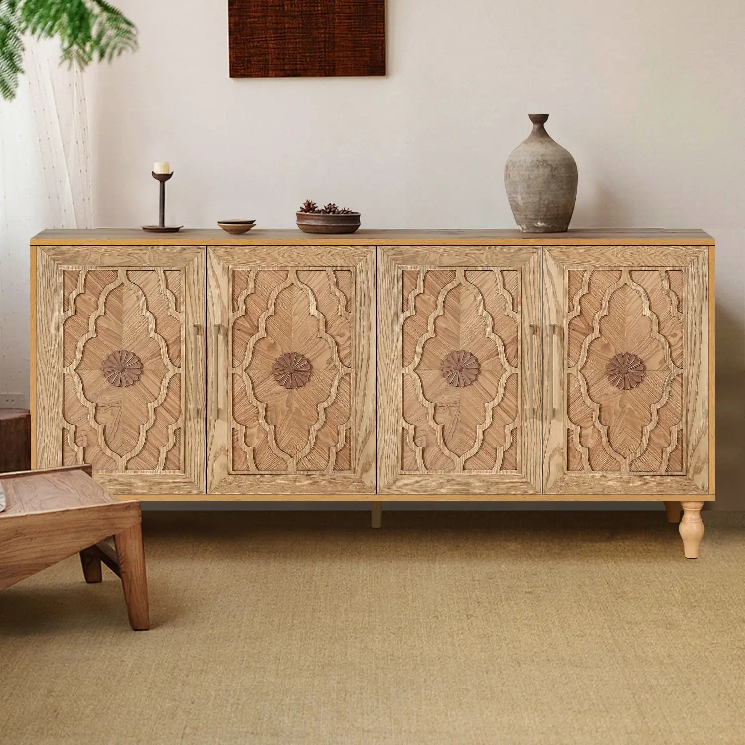Sideboard Buffet 63'' Credenzas for Living Room, Entryway Table with Storage Cabinet Natural Wood Color, Carved Flowers Doors & Cable Holes