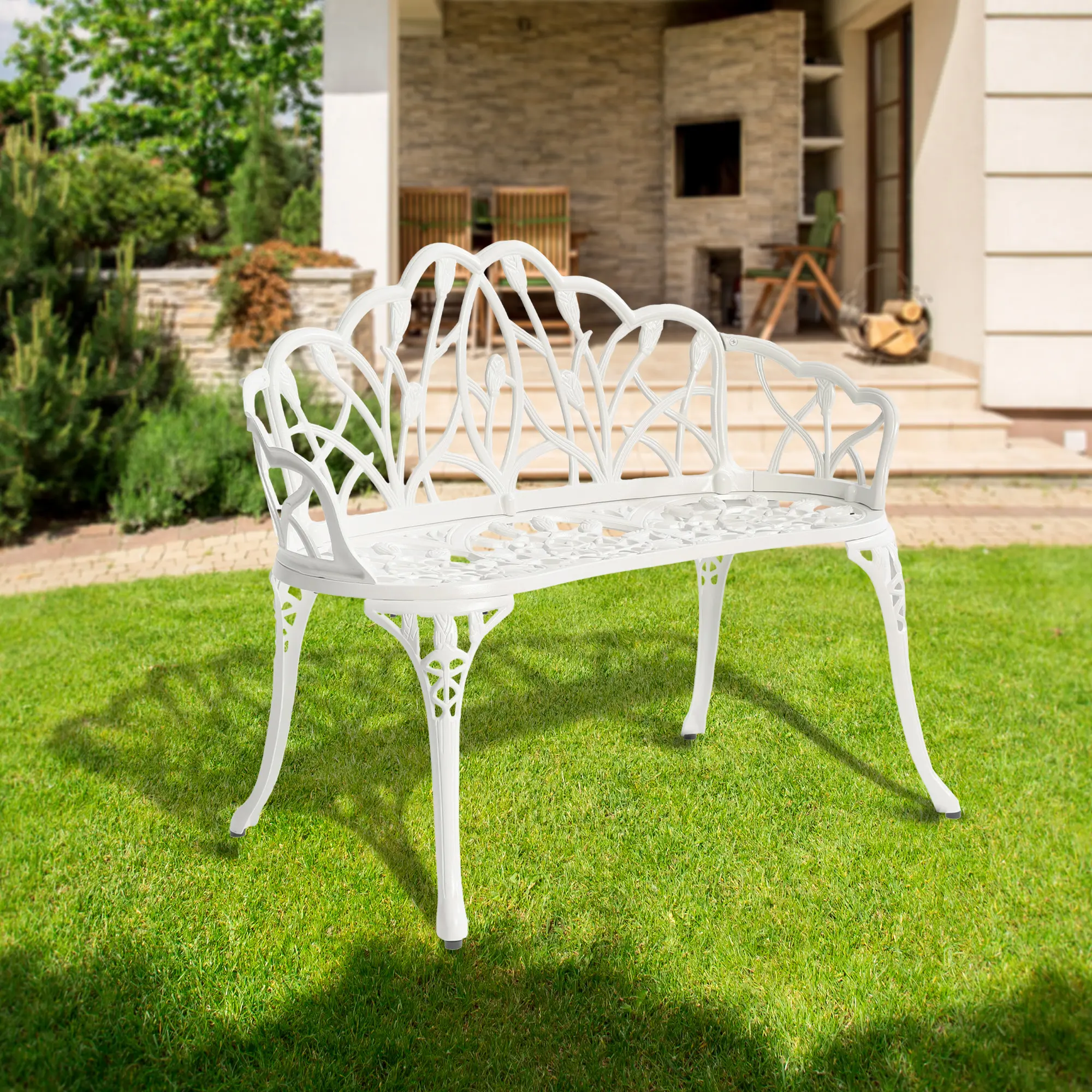 Cast Aluminium Patio Furniture Bench with Butterfly Patterns - Sturdy, Waterproof, Sun-Proof, Rust-Proof Modern Outdoor Seating for Decks, Gardens