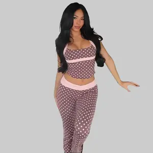 Women's Polka Dot Contrast Trim Halter Neck Crop Top & Flare Pants Two Piece Set 2026 Spring Summer New Slim Fit Retro Sweet-Spicy Must-Have for Street Casual Outings Vintage Open-Back Straight Pants Suit