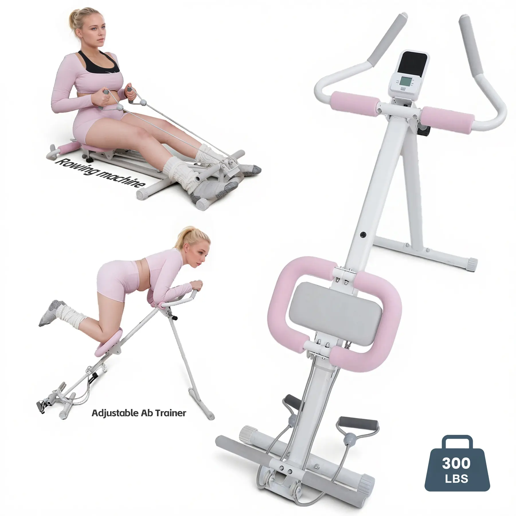KYOUBY 4-in-1 Home Gym  Ab Machine  Rowing Machine  Squat Trainer Rope Workout | Foldable, Knee Protection | 300LBS Capacity Compact Ab & Full Body Equipment