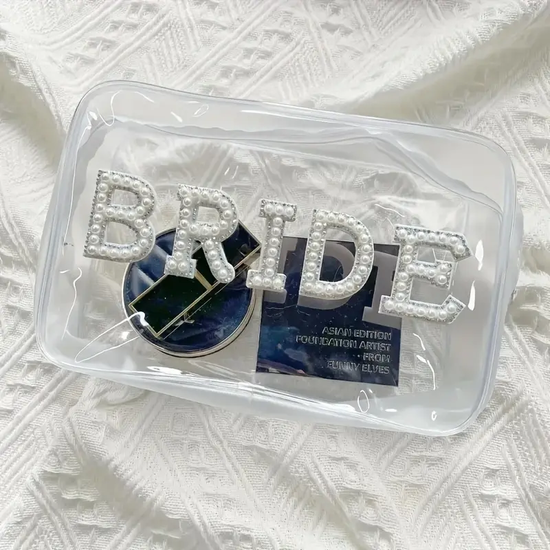 Waterproof Bride Cosmetic Bag - Transparent Cosmetic Bags - Crystal-Clear Travel Makeup Organizer with Faux Pearl Accents - Ideal Bridal Wedding Party Storage and Gift Transparent Vanity Bag