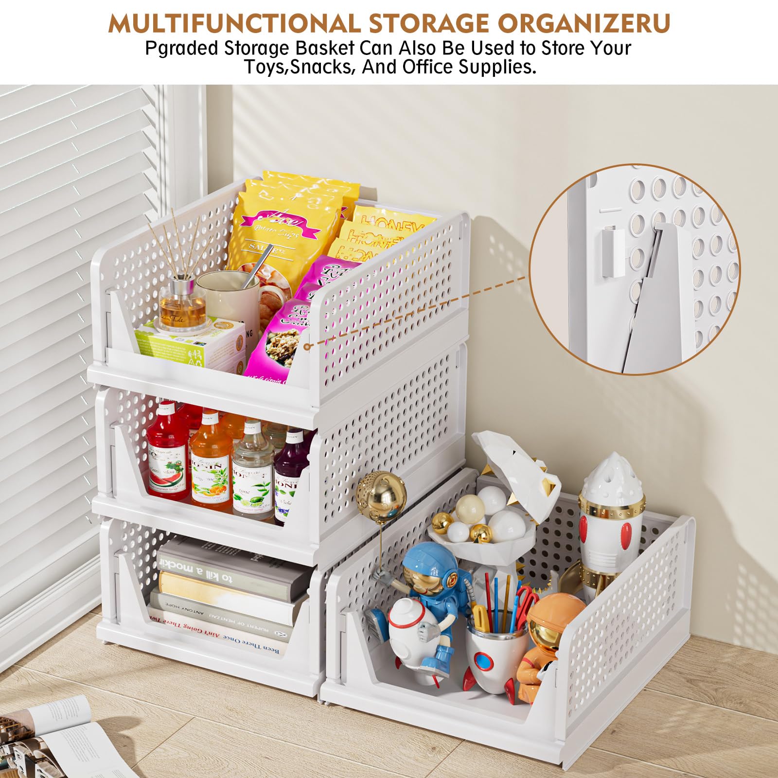 5 Pack Stackable Closet Storage Basket, Multifunctional & Foldable Closet Organizer for Bathroom Kitchen Laundry Room Wardrobe Storage, Space-Saving Clothes Storage Drawer Organizer