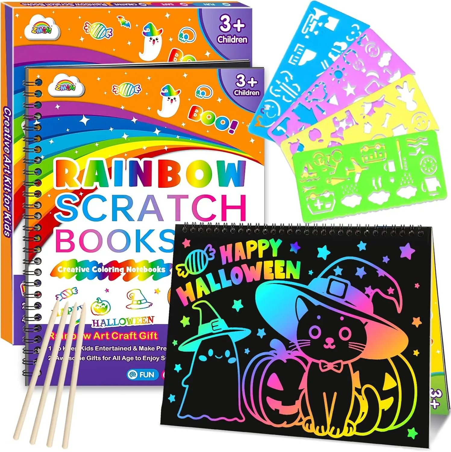 Paper Art Craft: 2 Pack Rainbow Scratch Set for 3 4 5 6 7 8 9 10 Years Old Girls Boys Students Drawing Coloring Black Magic Art Supplies Kits Gifts School Birthday Party Toys(Halloween)