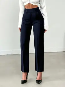 Women's Elegant Solid Color High Waist Straight Leg Office Pants, Casual Comfy Trousers, Stylish Business Casual Wear, Comfortable and Versatile