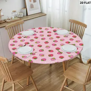 1 count Polyester Pink Strawberry Round Tablecloth, Round Fitted Tablecloth with Elastic Edge, For Pink-themed Party Dinning Decor